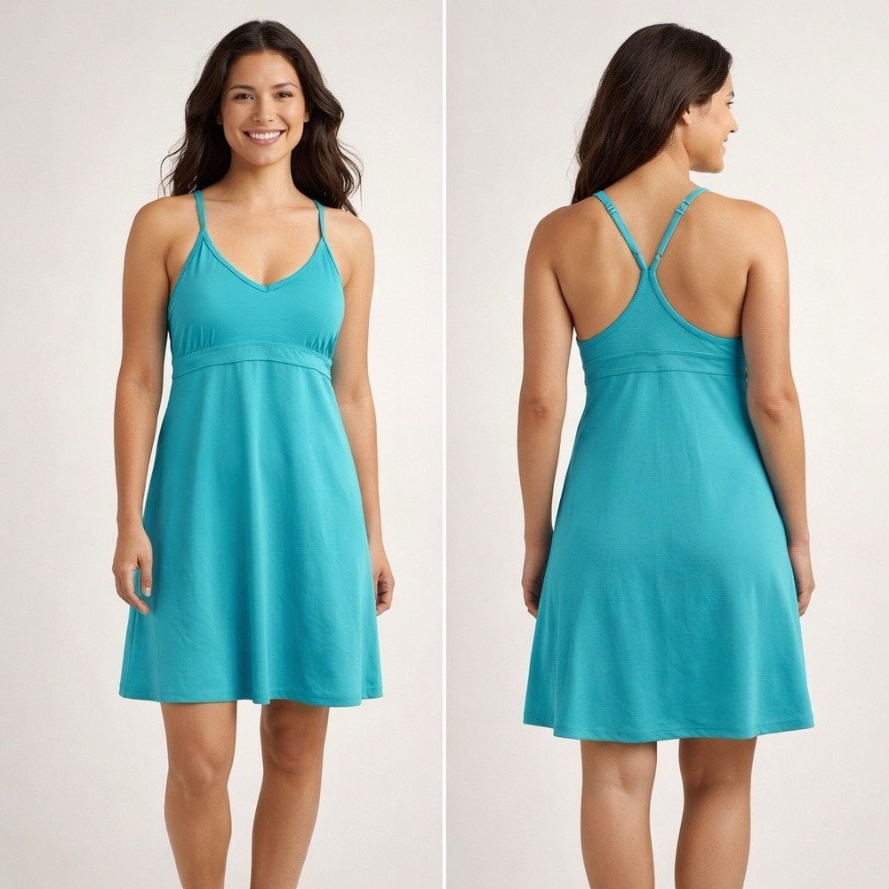 Athleta Beach Swim Dress Built In Bra Small Tidal Blue Travel Vacation Padded
